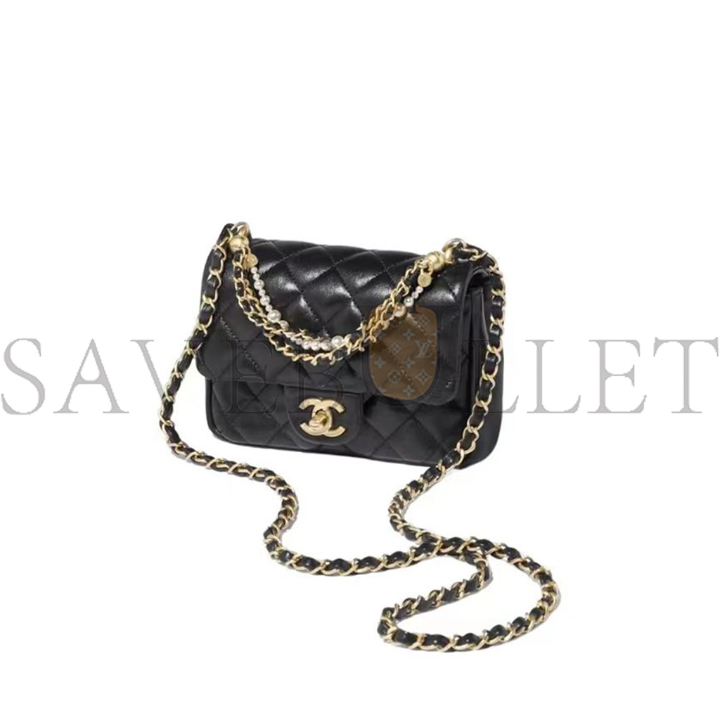 CHANEL MASTER 24P MINI PEARL CHAIN FLAP BAG BLACK AS4385 (17*12.5*5cm)